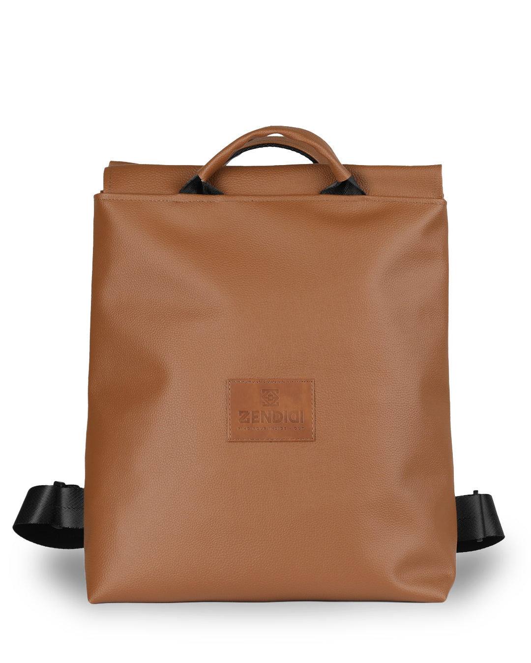 תיק גב ברלין בצבע חום, עיצוב מינימליסטי טבעוני עם לוגו ZENDIGI בחזית.