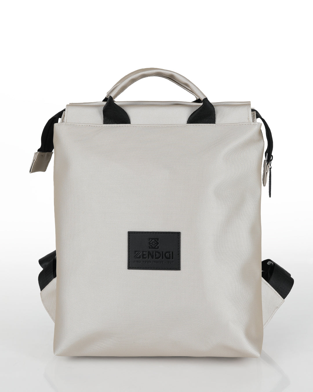 תיק גב ברלין כסף שיבולים של ZENDIGI - מבט קדמי, גזרה מלבנית מינימליסטית עם ידיות נשיאה. תיק יומיומי בנפח המתאים למסמכי A4 או למחשב 14 אינץ'.