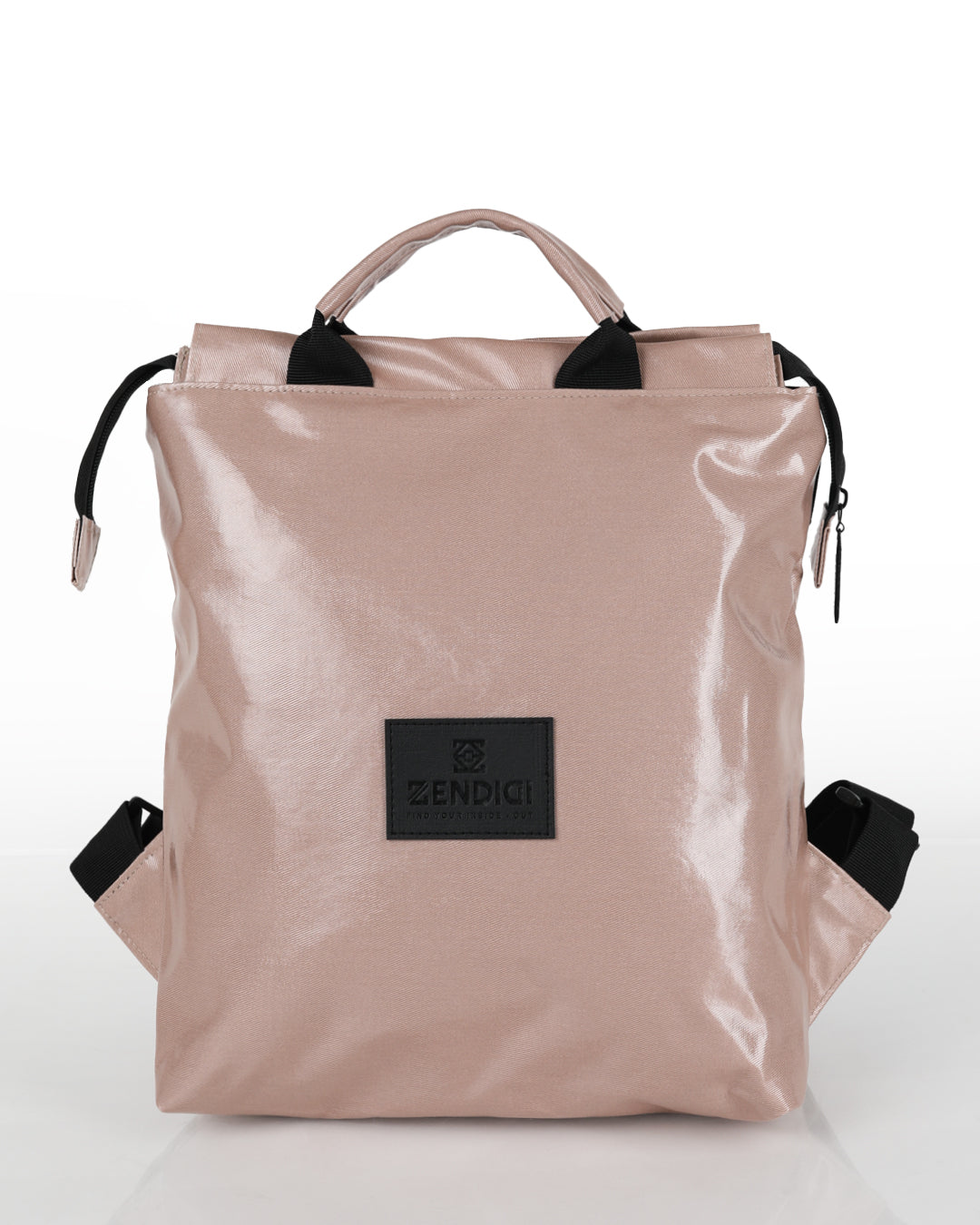 תיק גב ברלין ורוד מבריק של ZENDIGI - מבט קדמי, גזרה מלבנית מינימליסטית עם ידיות נשיאה. תיק יומיומי בנפח המתאים למסמכי A4 או למחשב 14 אינץ'.