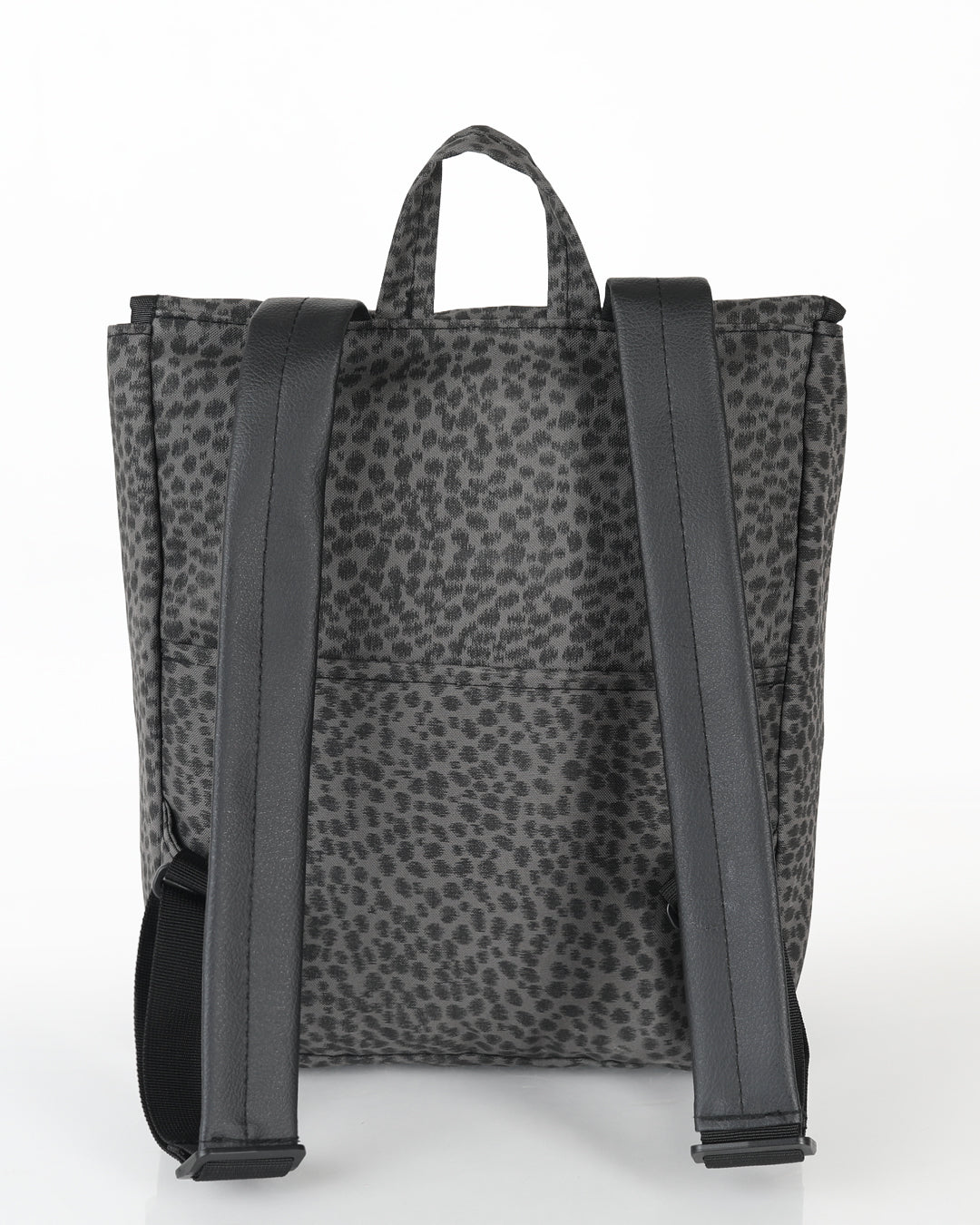 מיני טוקיו אפור מנומר צילום אחורי, ניתן לראות את תא השליפה האחורה שלו והרצועות המרופדות לנוחות מקסימלית