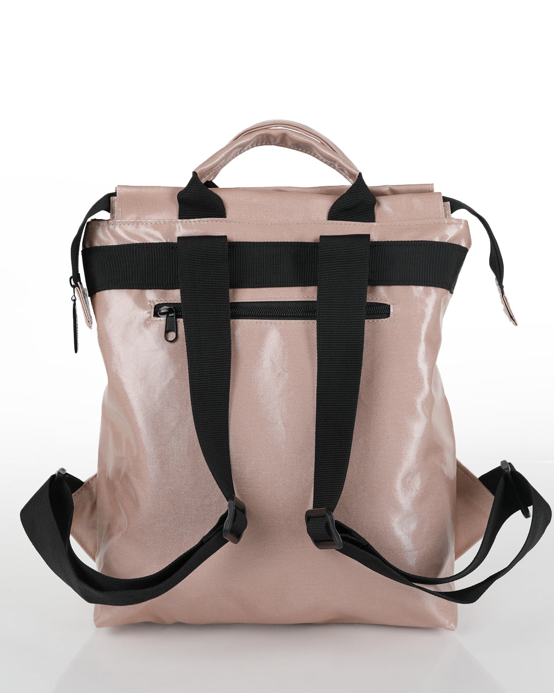 מבט אחורי על תיק ברלין ורוד מבריק עם תא נסתר לחפצים אישיים, רצועות מתכווננות וידיות אחיזה נוחות לנשיאה.