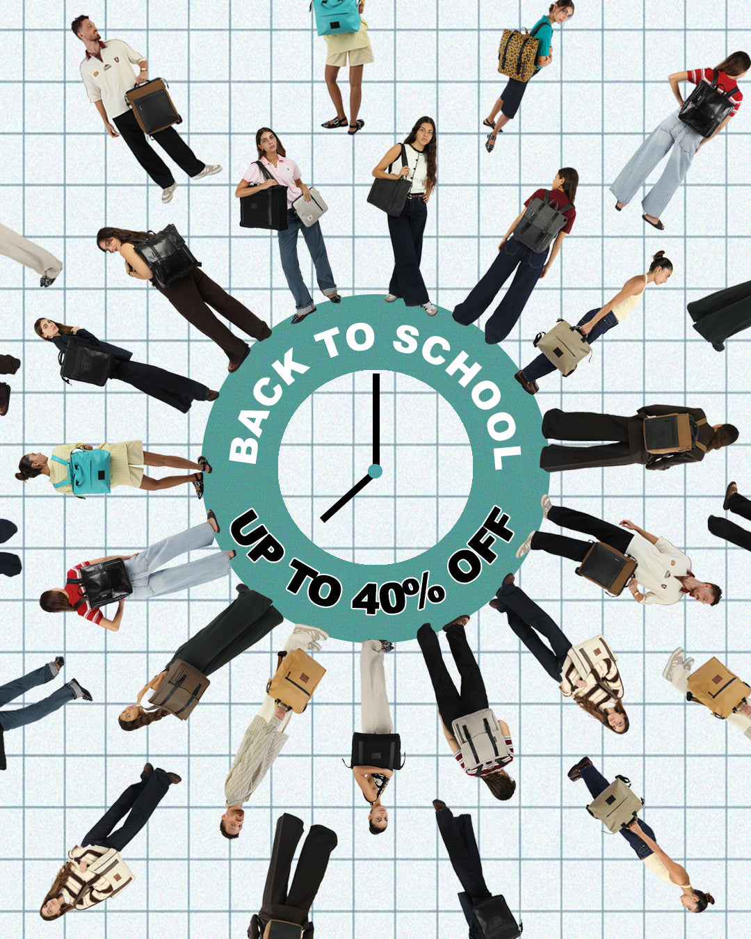 באנר קמפיין "חזרה ללימודים" של זנדיגי (Back To School). קולאז' דוגמנים ודוגמניות המציגים תיקי גב מעוצבים למחשב נייד, סביב גרפיקת שעון. הטקסט בבאנר מציע עד 40% הנחה על הקולקציה המלאה לחזרה ללימודים ולעבודה.