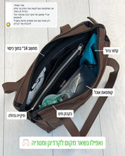 תיק צד מיני פלא פתוח ומלא בכל הדברים שאת צריכה איתך ליומיום בלימודים או בעבודה - מכיל מחשב 14״ כולל כיסוי הלפטופ, קופסת אוכל, קלמר גדול, בקבוק מים ועוד תיקייה גדול למטענים עכבר וכו, נותר אפילו מקום לקרדיגן ומטרייה.